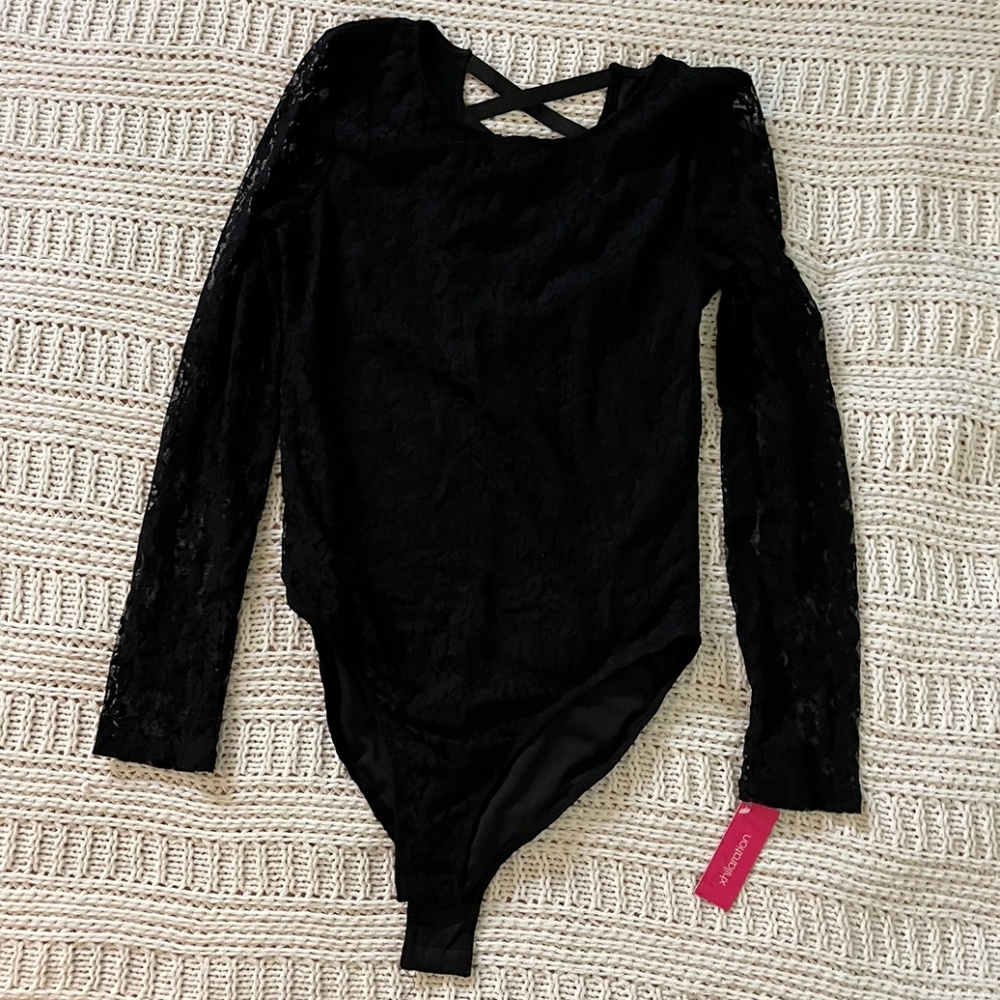 Xhilaration Black Long Sleeve Lace Bodysuit Small